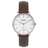 Prisma Roségoudkleurig Dames Horloge met Bruin Lederen Horlogeband