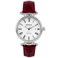 Zilverkleurig Luxueus Dames Horloge van Prisma met Rood Lederen Band