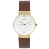 Prisma Goudkleurig Dames Horloge met Brede Bruin Lederen Horlogeband