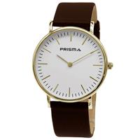 Prisma Verfijnd Goudkleurig Dames Horloge met Bruin Lederen Horlogeband