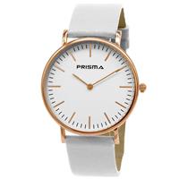 Prisma Verfijnd Roségoudkleurig Dames Horloge met Wit Lederen Horlogeband