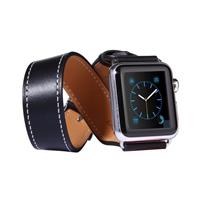 huismerk Voor Apple Watch 42mm Double cirkel stijl metalen gesp koeienhuid lederen horlogeband met Connector(Black)