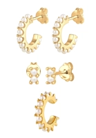 Elli Set van 3 Creolen Stekers Earcuff synthetische parels 925 Zilver verguld