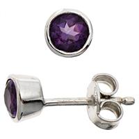 SIGO Ohrstecker rund 925 Sterling Silber rhodiniert 2 Amethyste lila violett Ohrringe