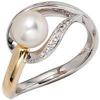 SIGO Damen Ring 585 Gold Weißgold Gelbgold bicolor 1 Süßwasser Perle 9 Diamanten