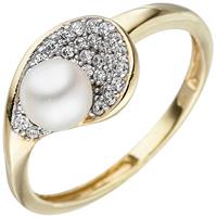 SIGO Damen Ring 375 Gold Gelbgold 1 Süßwasser Perle 36 Zirkonia Perlenring