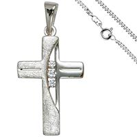 SIGO Anhänger Kreuz 925 Silber 3 Zirkonia Kreuzanhänger Silberkreuz mit Kette 50 cm