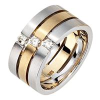 SIGO Damen Ring 3-reihig breit 585 Gold Weißgold Gelbgold bicolor matt 3 Diamanten