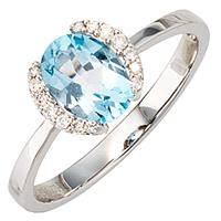 SIGO Damen Ring 585 Gold Weißgold 1 Blautopas hellblau blau 14 Diamanten Brillanten