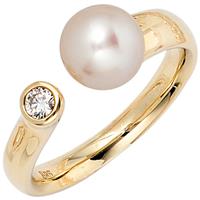 SIGO Damen Ring 585 Gold Gelbgold 1 Süßwasser Perle 1 Diamant Brillant Perlenring