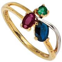 SIGO Damen Ring 585 Gold Gelbgold bicolor 1 Rubin 1 Safir 1 Smaragd Goldring