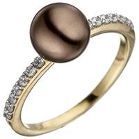 SIGO Damen Ring 333 Gold Gelbgold bicolor mit dunkler Perle und Zirkonia Perlenring