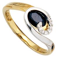 SIGO Damen Ring 585 Gold Gelbgold Weißgold 1 Safir blau 8 Diamanten Brillanten