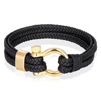 mendes Nautische heren armband Leer Edelstaal Zwart Goudkleurig - 19cm