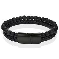 memphis Heren armband zwart leer Agaat kralen Edelstaal magneet sluiting - 18.5cm