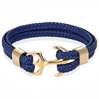 tomjaxon Tom Jaxon Heren armband Anker gevlochten Leer Goudkleurig Blauw - 18cm