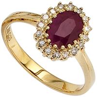 SIGO Damen Ring 585 Gold Gelbgold 1 Rubin rot 16 Diamanten 0,16ct. Goldring