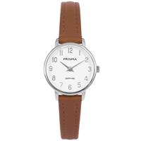 Prisma Edelstalen Dames Horloge met Bruin Lederen Horlogeband