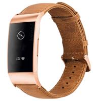 Strap-it Fitbit Charge 3 leren bandje met rosé gesp (bruin)