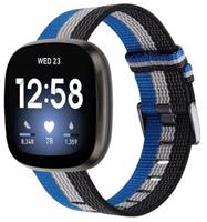 Strap-it Fitbit Sense geweven nylon gesp band (zwart-wit-blauw)