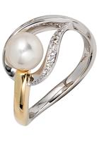 Jobo Diamantring, 585 Gold bicolor mit Perle und 9 Diamanten