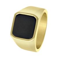 Lucardi Stalen goldplated heren zegelring met black agate