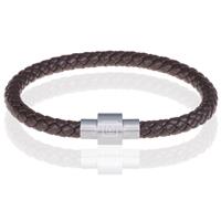 Memphis armband leer met edelstaal Donkerbruin Zilver-18cm