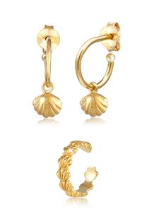 Elli, Ohrringe 2er Set Creolen Earcuff Muschel Meer 925 Silber in gold, Schmuck für Damen