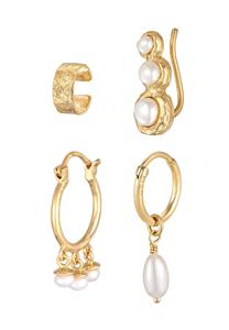 Elli, Ohrringe Earcuff Creole Climper Süßwasserperle Set 925 Silber in gold, Schmuck für Damen