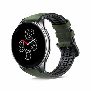 Strap-it OnePlus Watch siliconen / leren bandje (zwart/groen)