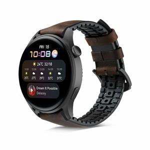 Strap-it Huawei Watch 3 (Pro) siliconen / leren bandje (zwart/bruin)