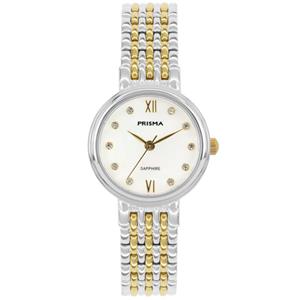 Prisma Luxueus Zilver- en Goudkleurig Dames Horloge met Kleurloze Zirkonia’s