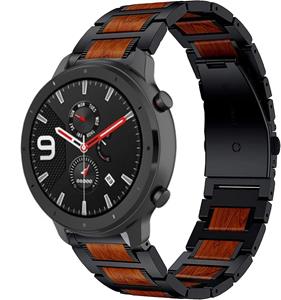 Strap-it Amazfit GTR 47mm houten/stalen band (zwart)