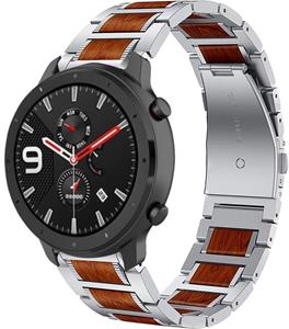 Strap-it Amazfit GTR 47mm houten/stalen band (zilver)