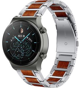 Strap-it Huawei Watch GT 2 Pro houten/stalen band (zilver)