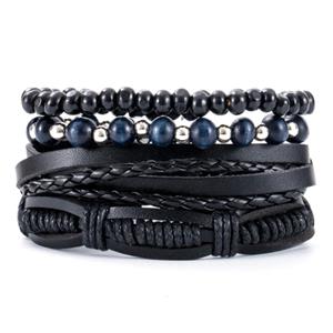 LGT JWLS Heren armbanden Set Zwart Leer blauwe kralen