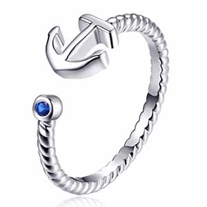 LGT JWLS Zilverkleurige Dames Ring Verstelbaar met Anker en Blauwe Zirkonia