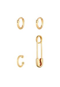 Elli, Ohrringe 3er Set Sicherheitsnadel Safety Pin Earcuff Creolen 925 Silber in gold, Schmuck für Damen