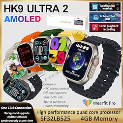 Mini In The Box HK9 ULTRA 2 Slimme horloge 2.12 inch(es) Smart horloge Bluetooth Temperatuurbewaking Stappenteller Gespreksherinnering Compatibel met: Android iOS Dames Heren Lange stand-by Handsfree bellen miniinthe
