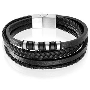 Mendes Leren heren armband Multi  Edelstaal Zilverkleurig Zwart - 21cm