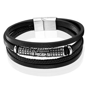 Mendes Jewelry Heren Armband - Stijlvol Zwart Leder met Zilveraccenten-21cm