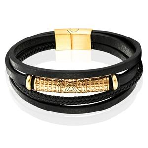 Mendes Jewelry Heren Armband - Stijlvol Zwart Leder met Goudaccenten-19cm