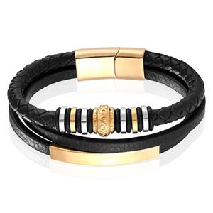 Mendes Jewelry Heren Armband - Zwart Leder met Bedels en Gouden Sluiting-19cm