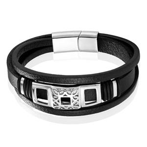 Mendes Jewelry Luxe Heren Armband in Zwart Leer met Zilveren Elementen-19cm