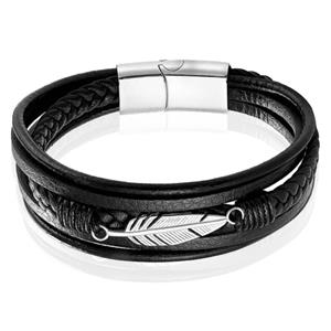 Mendes Jewelry Heren Armband - Stoer Zwart Leder met Bladvormige Stalen Bedel - Zilver-19cm