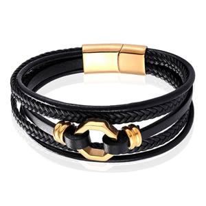 Mendes Jewelry Heren Armband van Roestvrijstaal en Echt Leder - Stijlvol Zwart met Gouden Achtkant-19cm