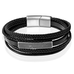 Mendes Jewelry Heren Armband - Robuust Zwart Leder met Zilveren Rechthoekige Plaat-21cm