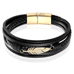 Mendes Jewelry Heren Armband - Stoer Zwart Leder met Bladvormige Stalen Bedel - Goud-19cm