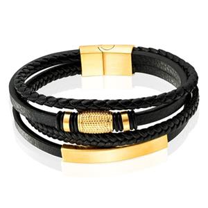 Mendes Jewelry Heren Armband van Roestvrijstaal en Echt Leder - Luxe Zwart met Gouden Elementen-19cm