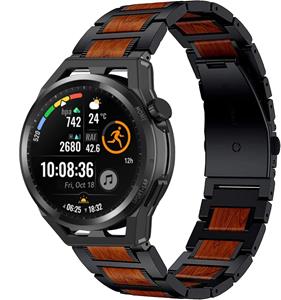 Strap-it Huawei Watch GT houten/stalen band (zwart)